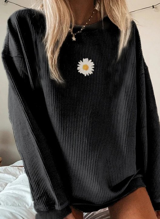 Solid Round Neck Little Daisy Long Sleeve Sweatshirt