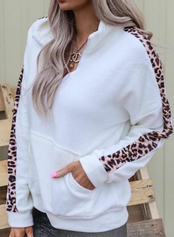 Color Block Leopard Long Sleeve Stand Neck Zip Front Sweatshirt