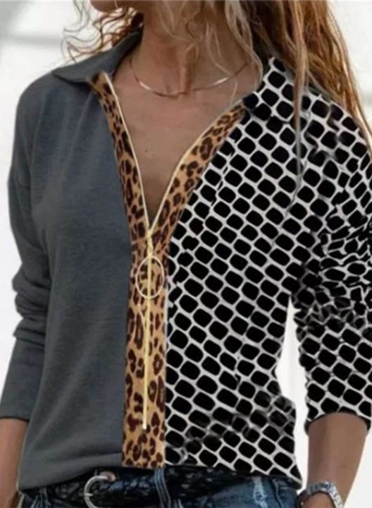 Women's Shirts Geometric Leopard Turn Down Collar Zip Long Sleeve Daily Casual Shirts