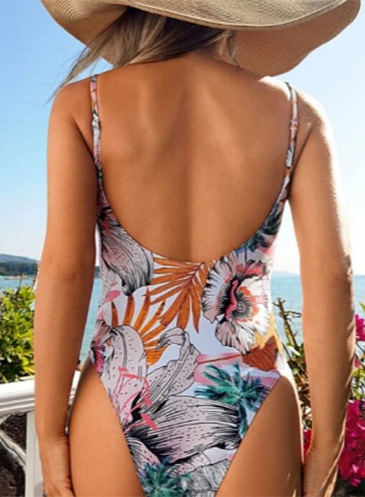 Women's One-Piece Swimsuits One-Piece Bathing Suits Floral Spaghetti Open Back Casual Swimsuits