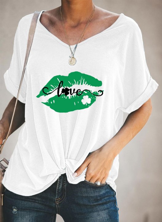 Women's T-shirts Lip Letter Print Short Sleeve V Neck Daily T-shirt