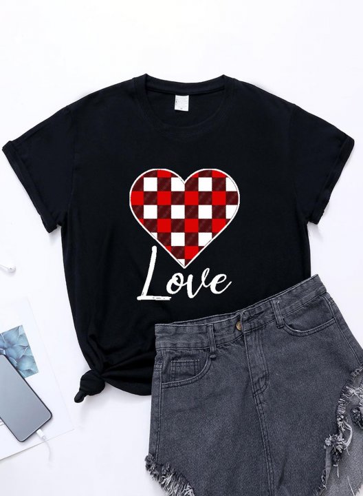 Women's T-shirts Plaid Heart Print Color Block Short Sleeve Round Neck Daily T-shirt