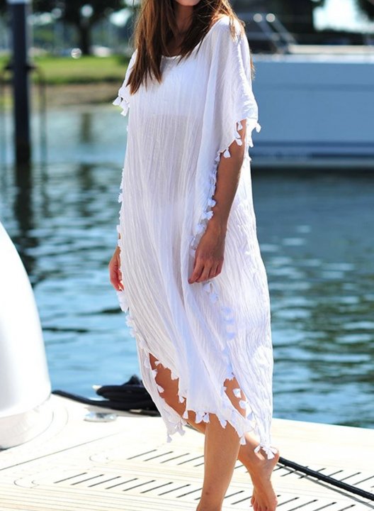 Women's Midi Dress Solid Shift Fringe Short Sleeve Round Neck Vacation Beach Midi Dress