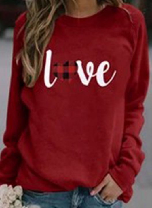 Women's Sweatshirt Letter Love Plaid Heart Print Long Sleeve Round Neck Sweatshirt