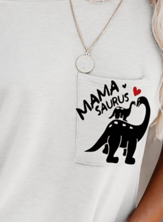 Women's Mama Saurus T-shirts Letter Print Sleeveless Round Neck Off-shoulder White T-shirt