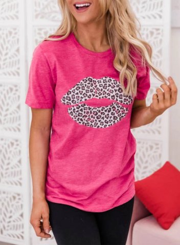 Women's T-shirts Leopard Lip Print Short Sleeve Round Neck Daily T-shirt