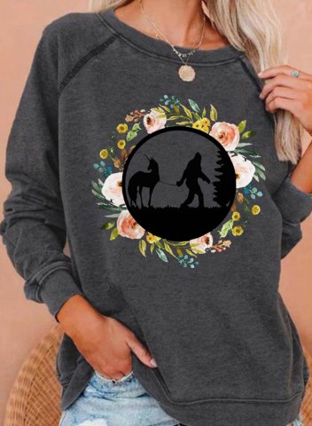 Women's Sweatshirts Floral Bigfoot Print Print Long Sleeve Round Neck Sweatshirt