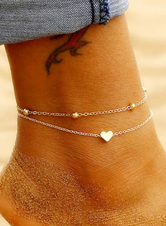 Women's Anklets Double Love Golden Peach Heart Round Bead Anklet