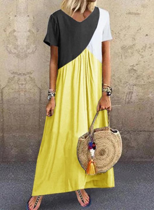 Women's Maxi Dresses Color Block Short Sleeve A-line V Neck Casual Daily Maxi Dress