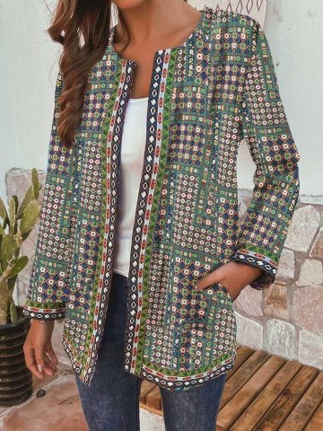 Ethnic Print Embroidery Edging Long Sleeve Vintage Jacket For Women