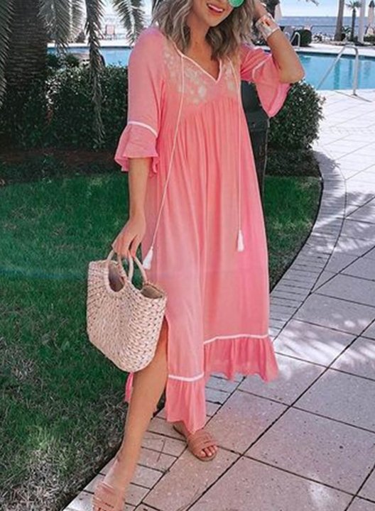 Women's Midi Dresses Solid 3/4 Sleeve V Neck Vacation Beach Boho Ruffle Fringe Embroidery Dress