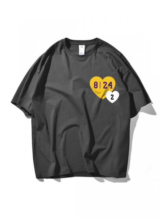 Men's 8 24 Kobe Bryant Shirt Heart-shaped Letter Print Short Sleeve Round Neck Casual T-shirt