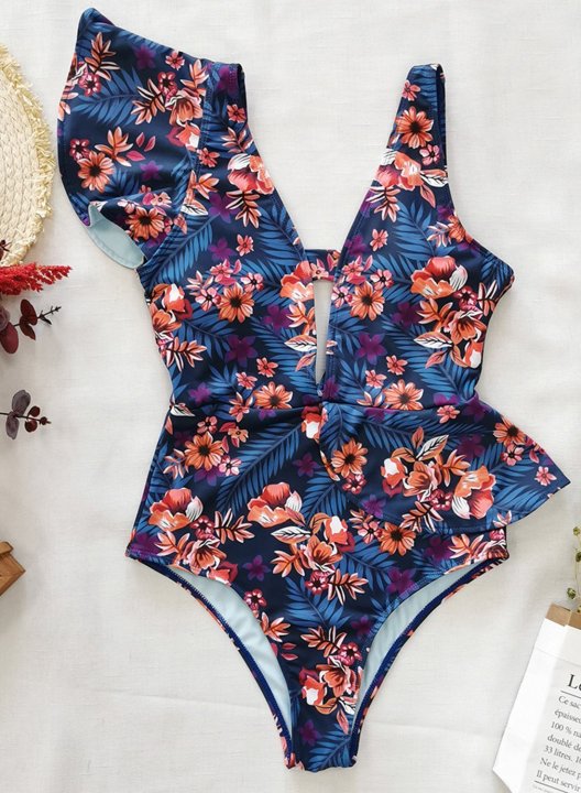 Women's One Piece Swimwear Floral V Neck Ruffle Vacation Casual One-Piece Swimsuits One-Piece Bathing Suits