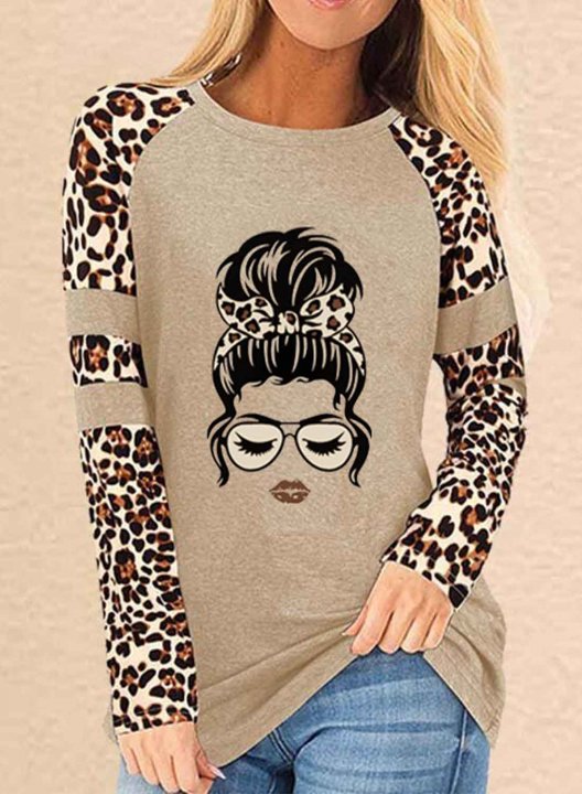 Women's Sweatshirts Leopard Color Block Portrait Round Neck Long Sleeve Casual Daily Sweatshirts