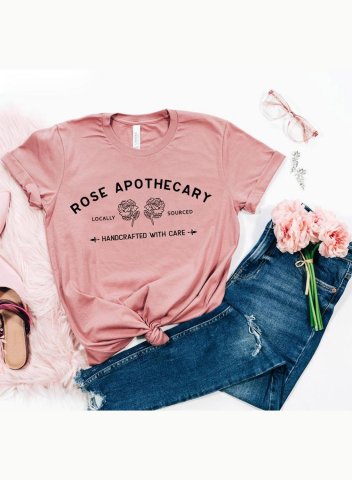 Women's Rose Apothecary T-Shirts Letter Rose Print Solid Round Neck Pink Summer Short Sleeve Daily T-shirts