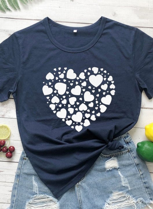 Women's Cute T-shirts Solid Heart Print Short Sleeve Round Neck Casual T-shirt