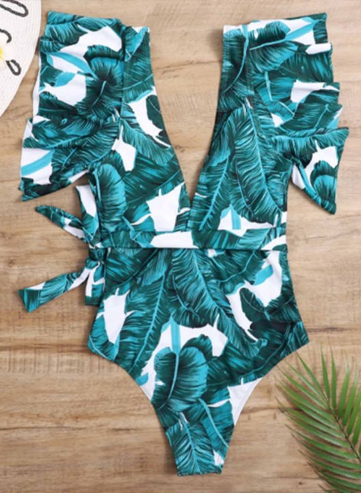 Women's One Piece Swimwear Floral V Neck Short Sleeve Ruffle Knot Casual One-Piece Swimsuits One-Piece Bathing Suits