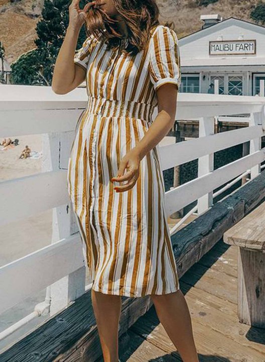 Women's Dresses Striped Short Sleeve Round Neck Vacation Daily Casual Button Knee Length Dress