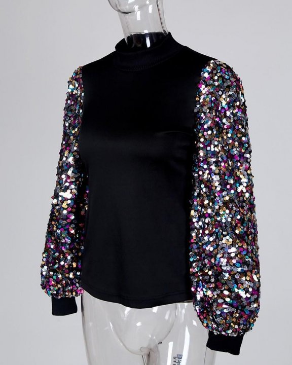 Mock Neck Lantern Sleeve Sequins Colorblock Insert Blouse