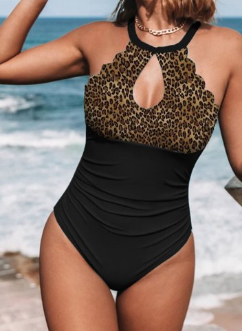 Women's One Piece Swimwear Leopard Halter Cut Out One Piece Swimsuit