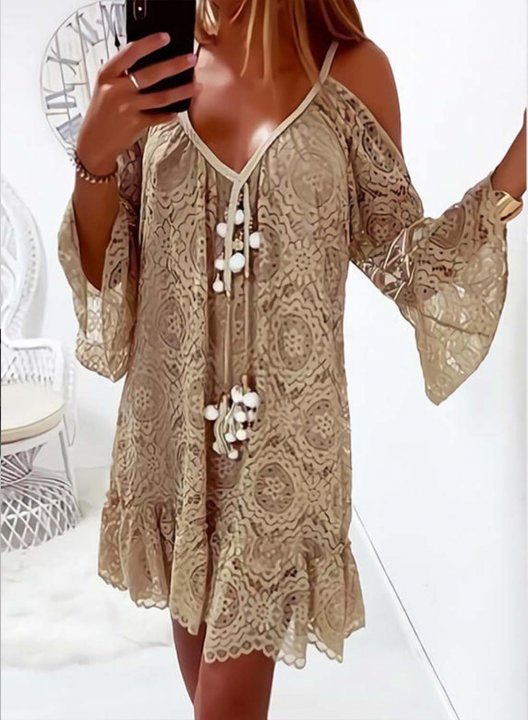 Women's Dresses Solid Flare V Neck Cold Shoulder Embroidery Knee Length Dress