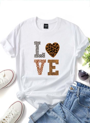 Women's T-shirts Solid Leopard Letter Short Sleeve Round Neck Daily T-shirt