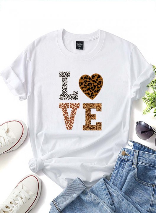 Women's T-shirts Solid Leopard Letter Short Sleeve Round Neck Daily T-shirt