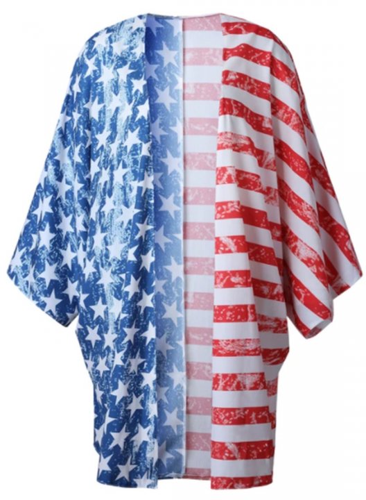 Women's Cover-ups American Flag Open Front 3/4 Sleeve V Neck Tunic Cover-up