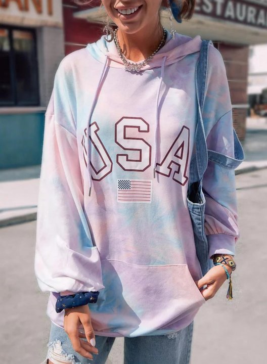 Women's Hoodies Tie-dye Flag Letter Print Long Sleeve Casual Pocket Hoodie