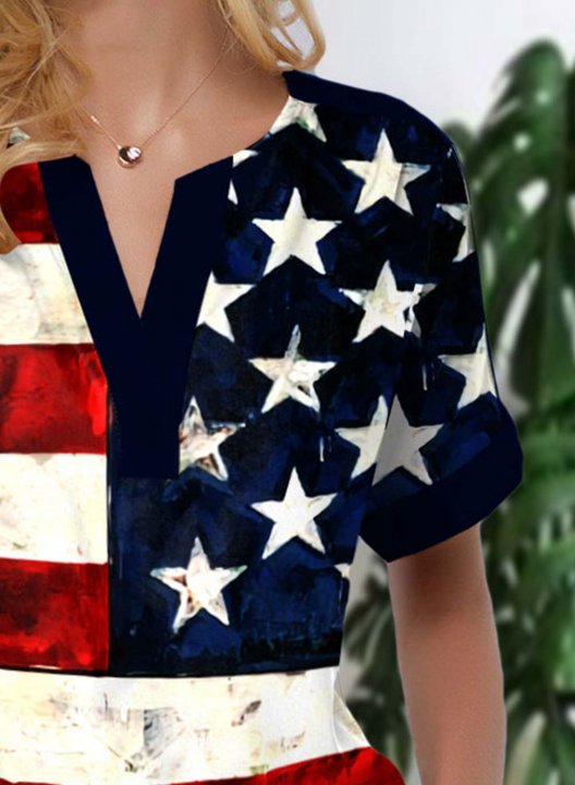 Women's American Flag T-shirts Short Sleeve V Neck Daily Casual T-shirt