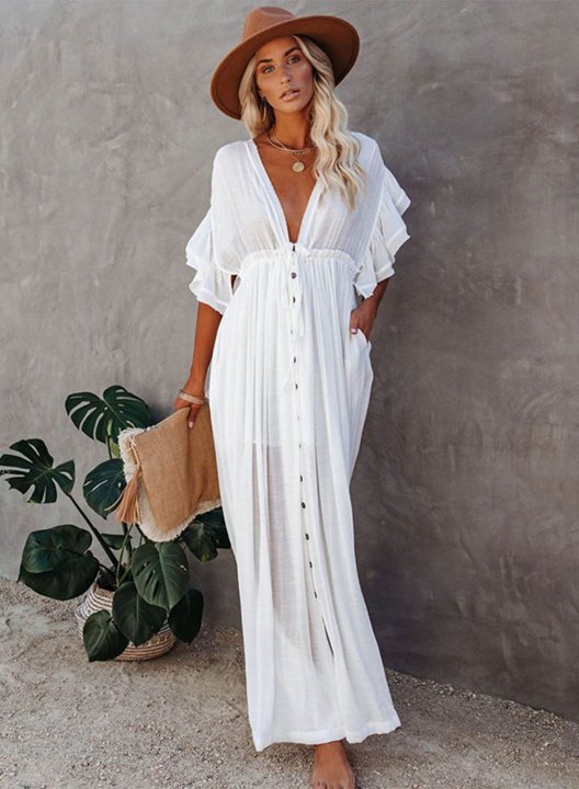 Women's Maxi Dresses Solid Short Sleeve Button V Neck Boho Beach Maxi Dress