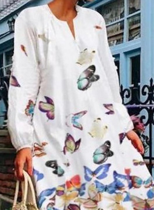 Women's Maxi Dresses Multicolor Butterfly Long Sleeve Round Neck Vintage Casual Maxi Dress