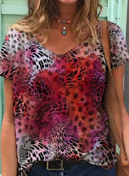 Women's T-shirts Leopard Short Sleeve V Neck Daily Casual Tunic T-shirt