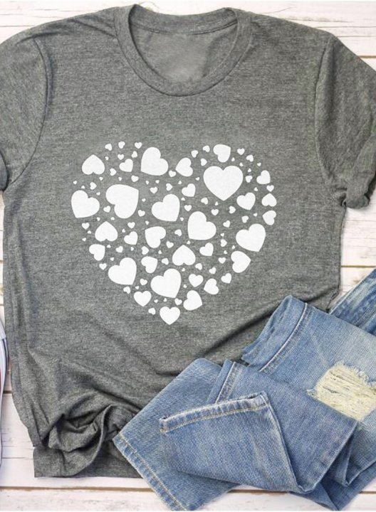 Women's Cute T-shirts Solid Heart Print Short Sleeve Round Neck Casual T-shirt