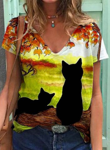 Women's T-shirts Multicolor Animal Print Short Sleeve V Neck Daily T-shirt