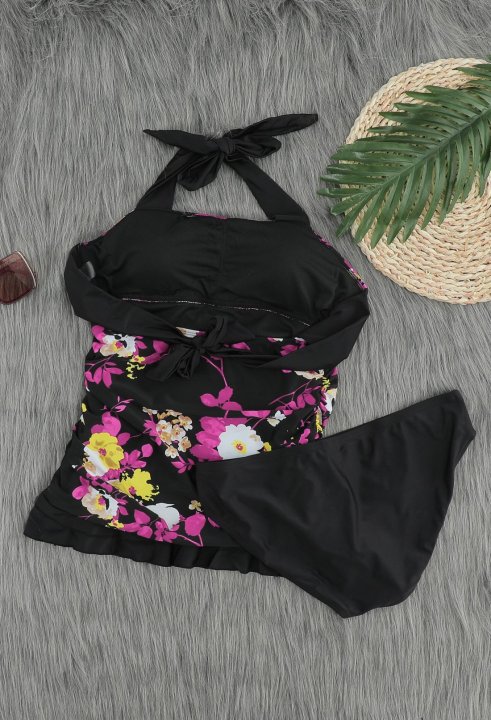 Women's Tankini Sets Cute Floral Ruffle Halter Tankini Set