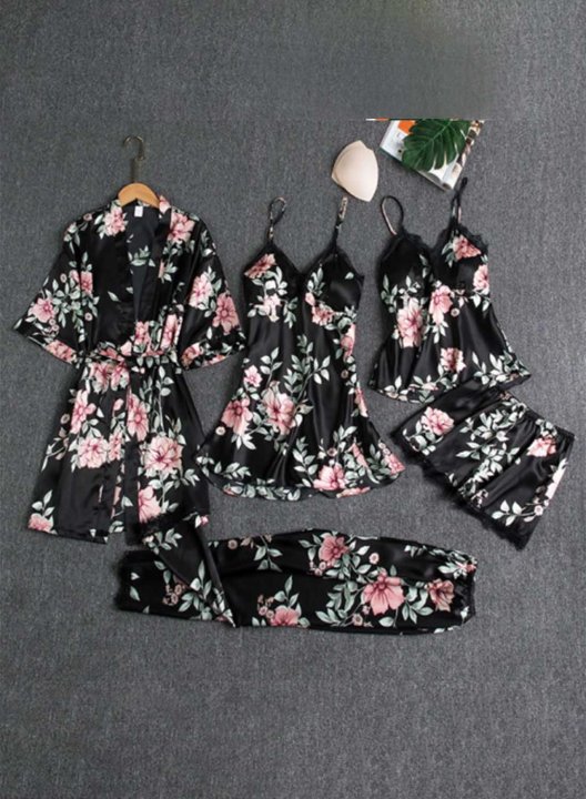 Women's Loungewear Sets Solid Floral Lace 4-Piece Loungewear Set