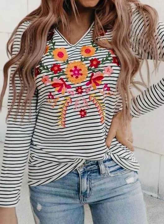 Women's T-shirts Floral Striped V Neck Long Sleeve Casual Daily T-shirts