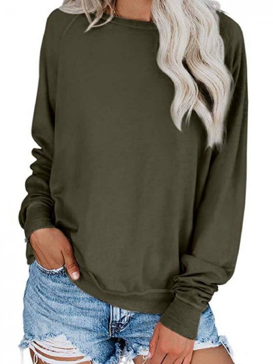 Cotton-Blend Long Sleeve Round Neck Casual Shirts & Tops