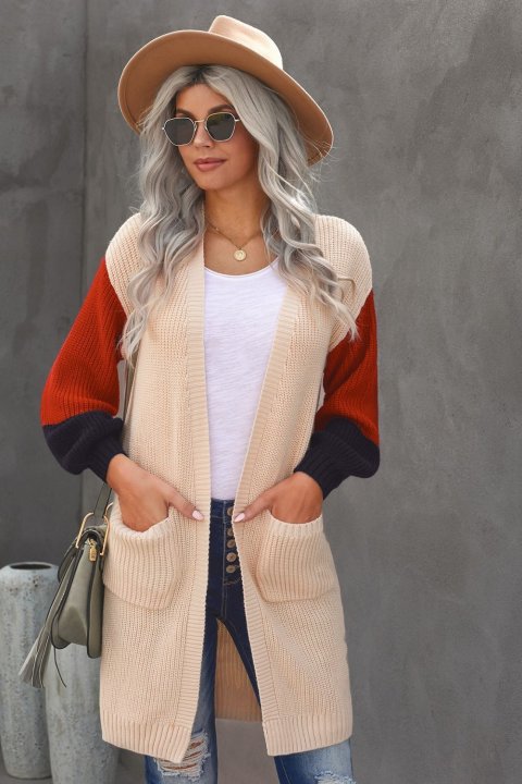 Women's Cardigans Aprciot Cotton-blend Pocketed Colorblock Cardigan