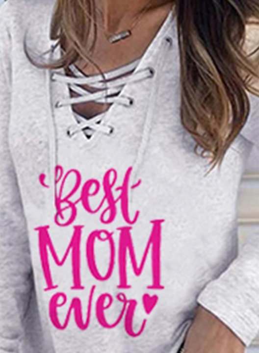 Women's Best Mom Ever Sweatshirt Criss Cross Letter Solid V Neck Long Sleeve Mother's Day Gifts Shirts