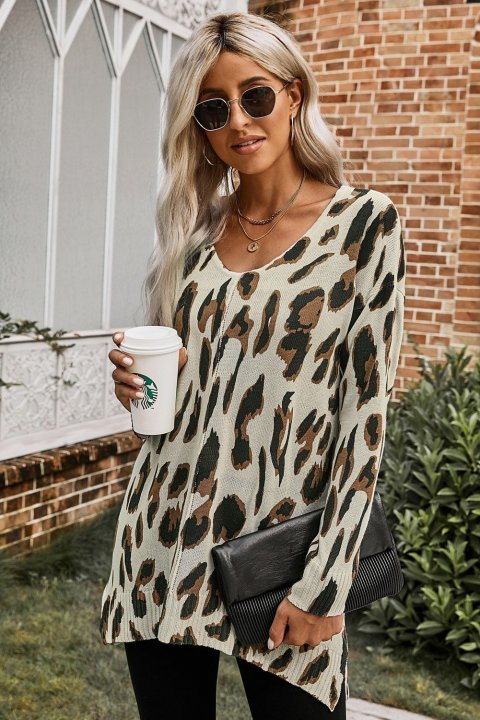 Women's Sweaters V Neck Leopard Knit Tunic Sweaters with Slits