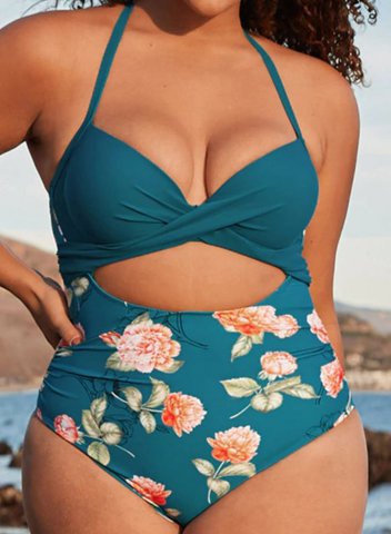 Women's Plus One-Piece Swimsuits One-Piece Bathing Suits Floral Cut Out Halter V Neck Casual Beach One-Piece Swimsuits One-Piece Bathing Suits