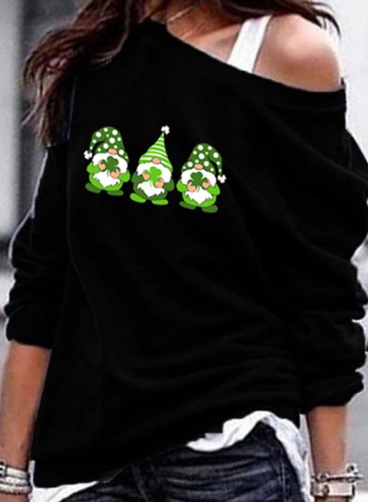 Women's Gnome St Patricks Day Sweatshirt Print Long Sleeve Cold Shoulder Pullover