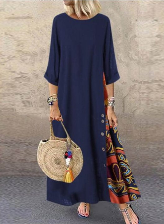 Women's Maxi Dresses Floral Multicolor 3/4 Sleeve Round Neck Boho Vintage Maxi Dress