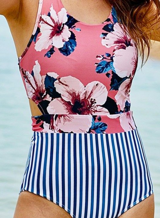 Women's One-Piece Swimsuits One-Piece Bathing Suits Floral Striped Zip Knot Round Neck Casual One-Piece Swimsuit