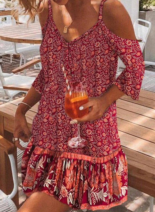 Women's Mini Dresses Floral Spaghetti Cold Shoulder Shift 3/4 Sleeve Dress