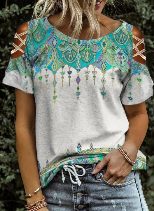 Women's T-shirts Tribal Cold Shoulder Short Sleeve Round Neck Casual Daily T-shirts