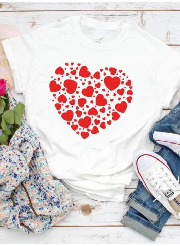 Women's Cute T-shirts Solid Heart Print Short Sleeve Round Neck Casual T-shirt