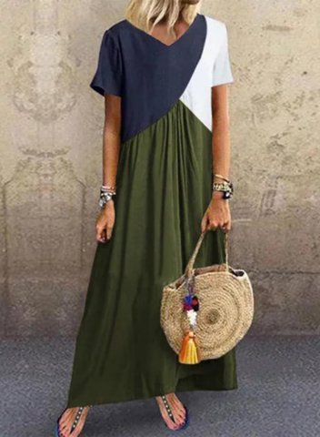 Women's Maxi Dresses Color Block Short Sleeve A-line V Neck Casual Daily Maxi Dress